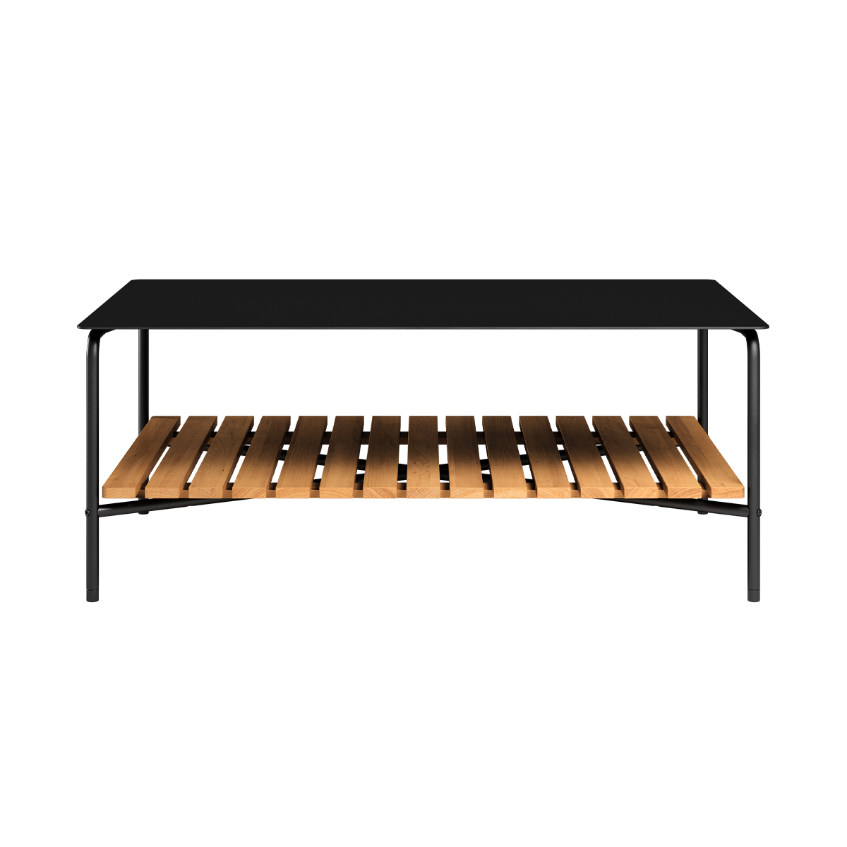 Udendørs Patio sofabord i sort pulverlakeret aluminium med teaktræshylde, 113x70 cm.