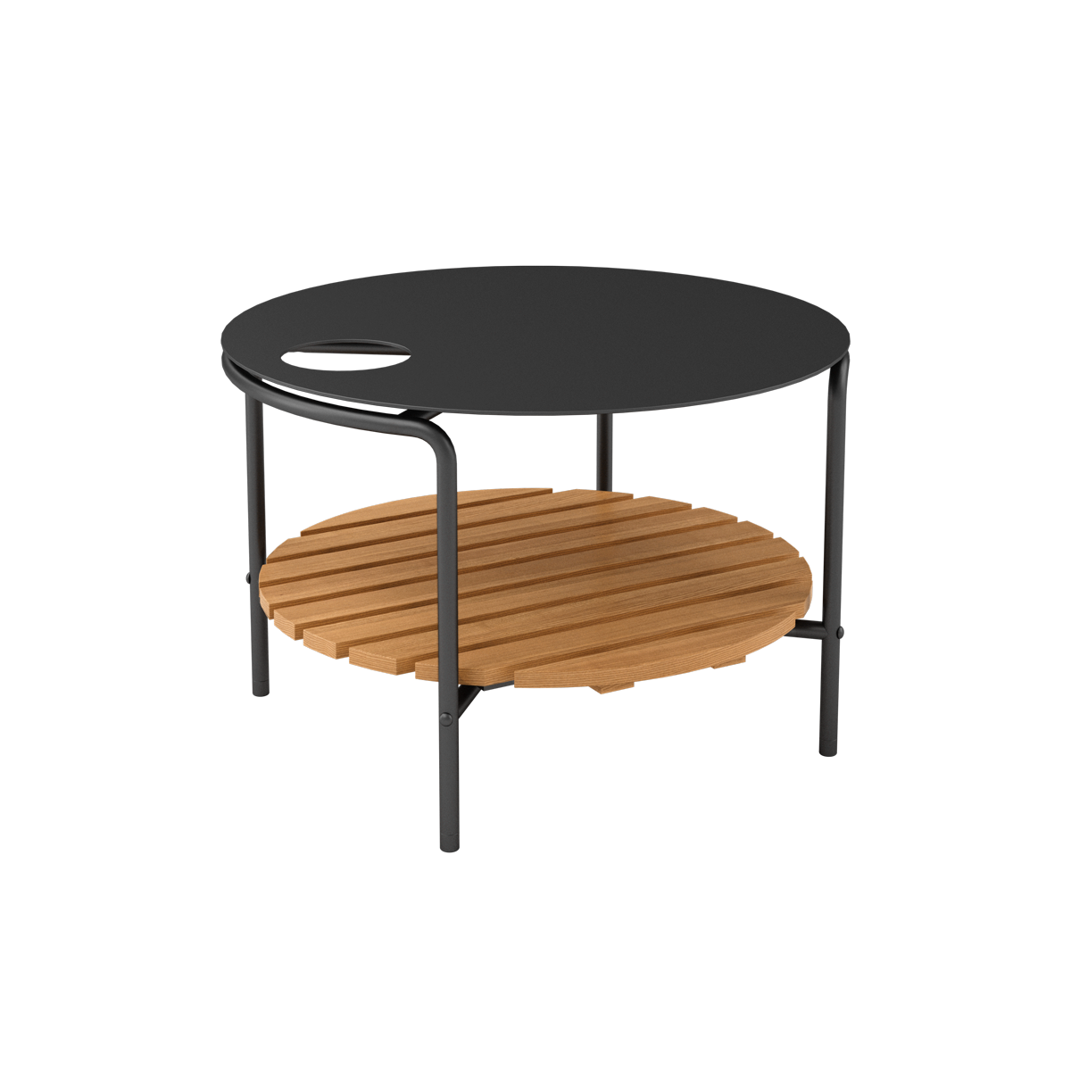 Udendørs sofabord i pulverlakeret aluminium med teaktræshylde, rund Ø70 cm, dansk design