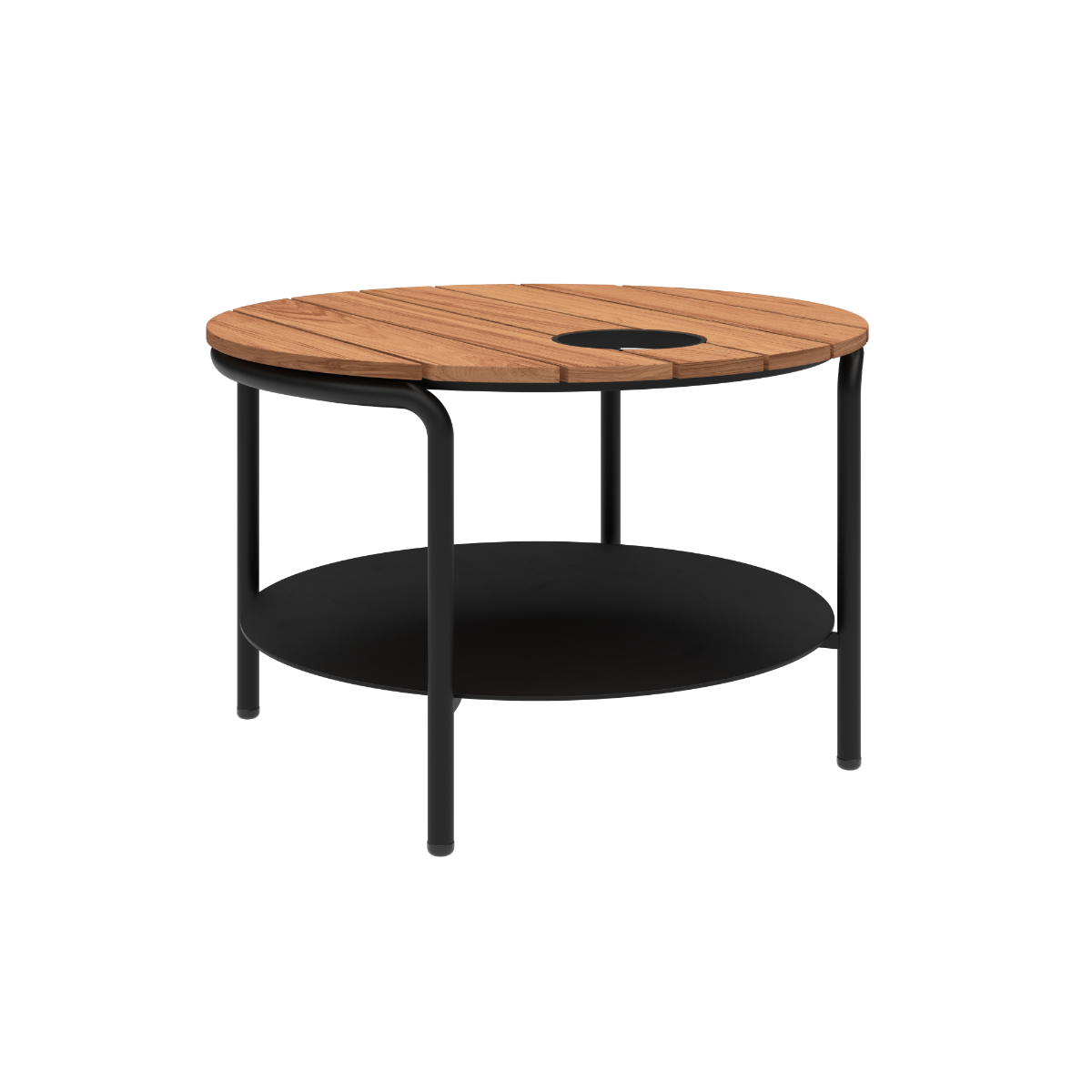 Udendørs sofabord Patio Coffee Table Ø70 i pulverlakeret aluminium og teaktræ med Accessory Fit.