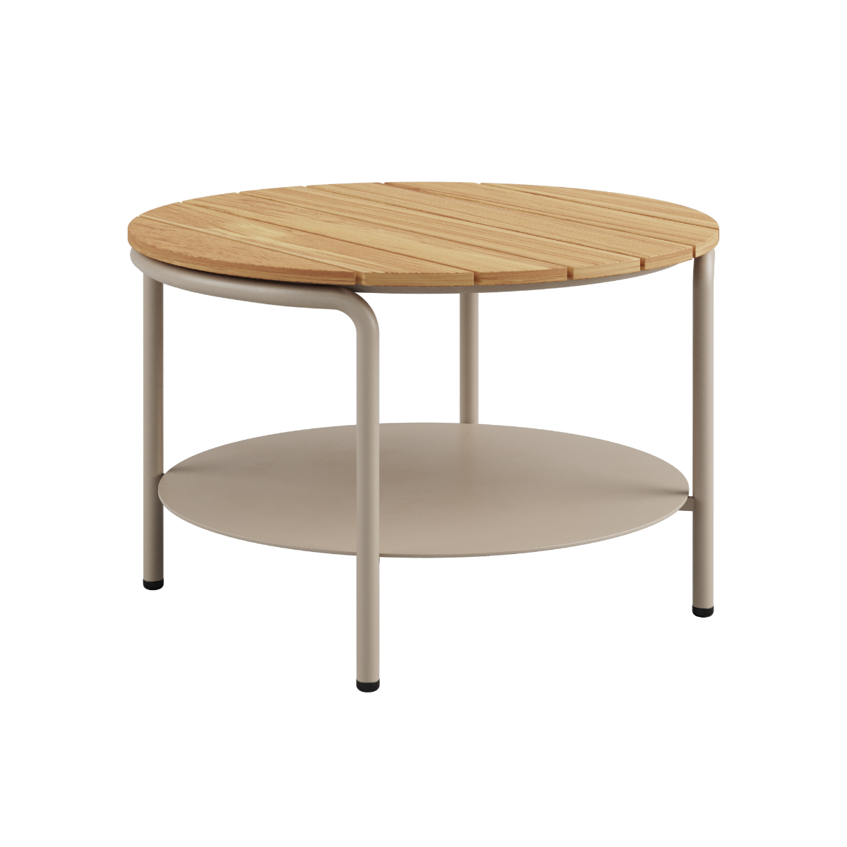 Udendørs sofabord Patio Coffee Table i taupe pulverlakeret aluminium med teaktræsbordplade, Ø70 cm.
