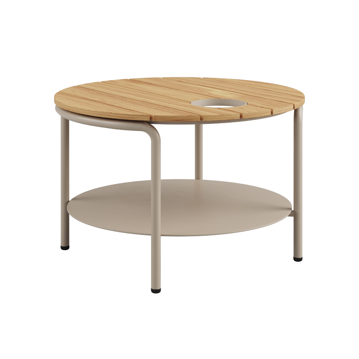Udendørs sofabord Patio Coffee Table Ø70 i taupe pulverlakeret aluminium med teaktræsbordplade og Accessory Fit.