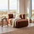 Fjord Sofa med chaise højre i blød Cosmo Mustard tekstil med afrundede kanter og skandinavisk design.