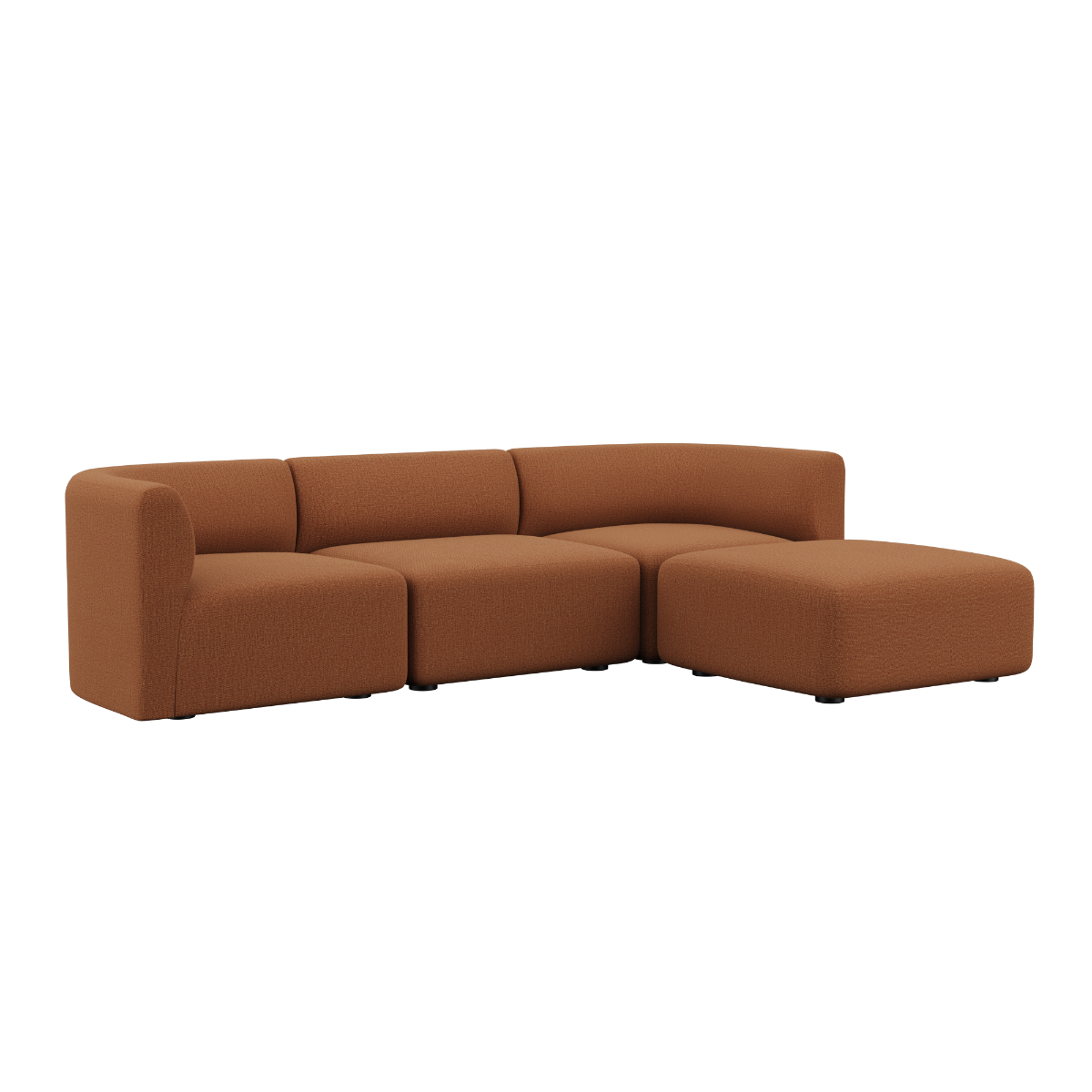 Fjord Sofa 3-personers i terracotta tekstil med medfølgende puf, bløde former og skandinavisk design.