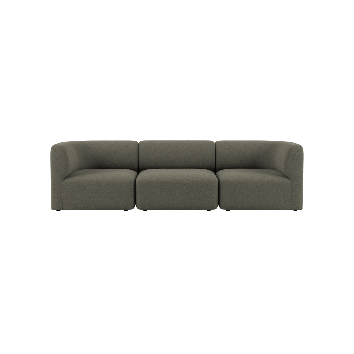Mørkegrå trepersoners sofa fra sackit med bløde afrundede former og tre separate siddepladser på sort baggrund