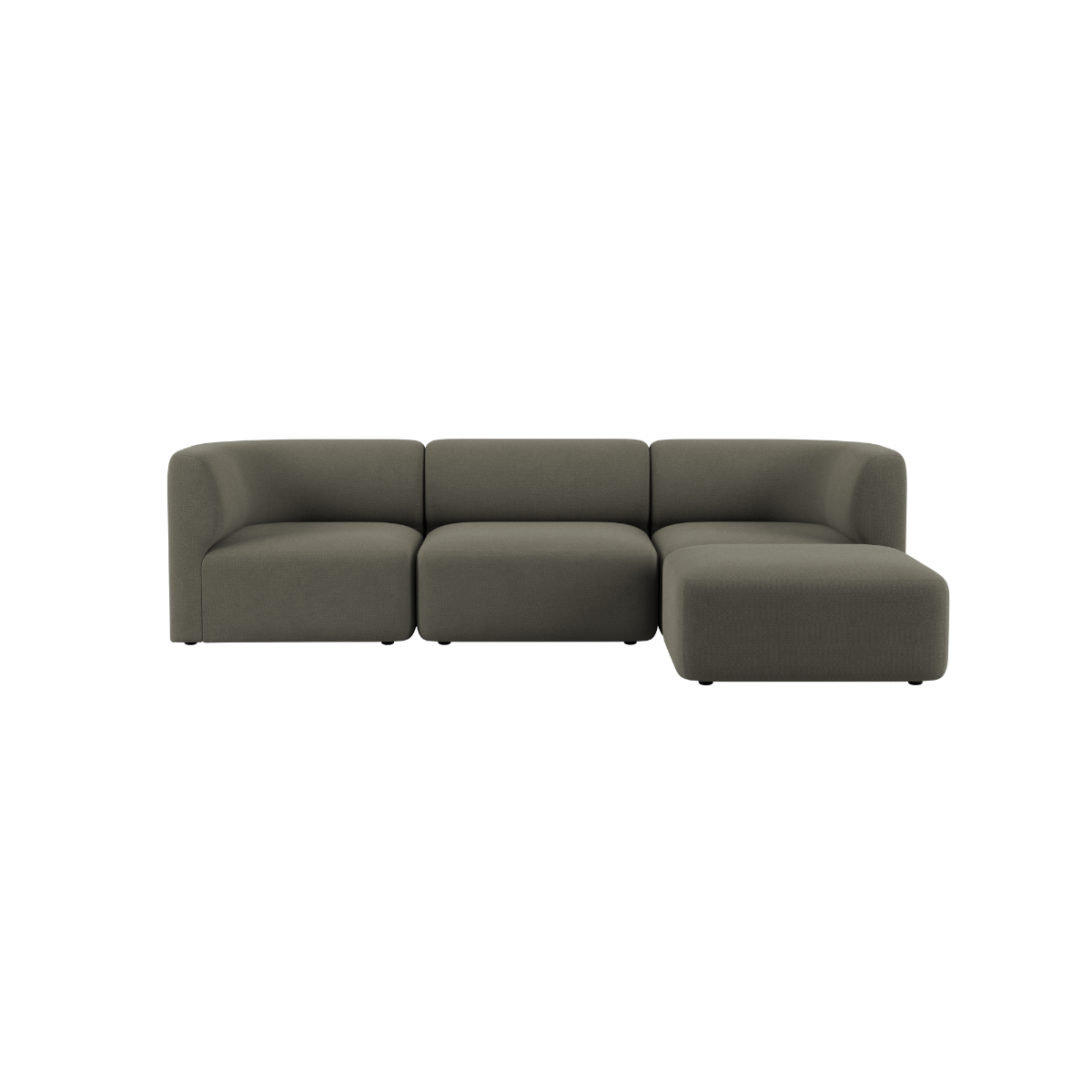 Mørkegrå trepersoners sofa med bløde afrundede former og en bred chaiselong i minimalistisk skandinavisk design fra sackit