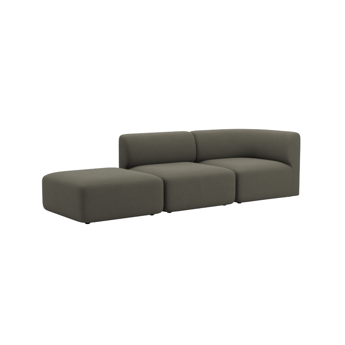 Mørkegrå Fjord sofa fra sackit med to siddepladser og åben ende i bløde afrundede former på sort baggrund