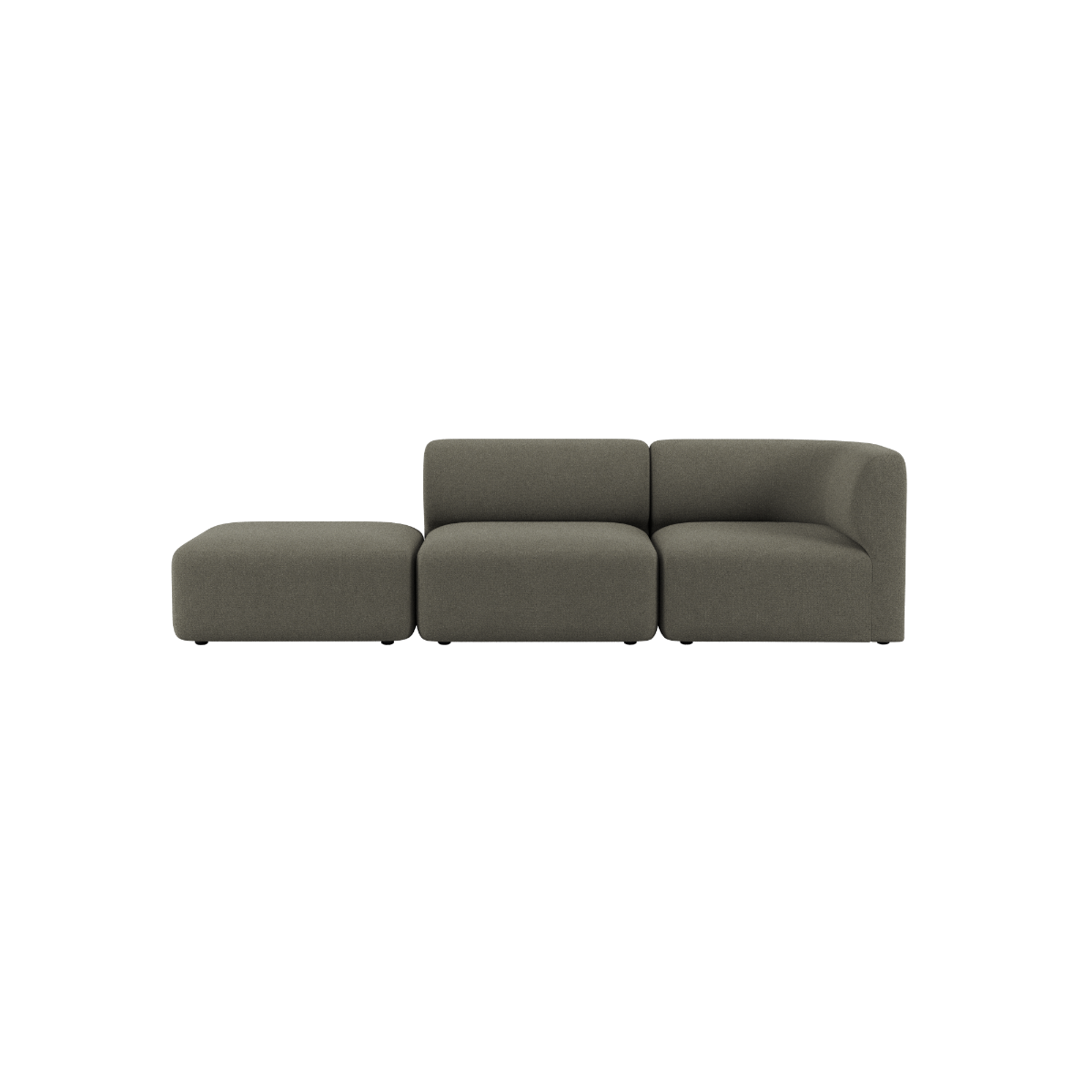 Mørkegrå Fjord sofa fra sackit med to siddepladser og åben ende til venstre vist forfra på ensartet baggrund