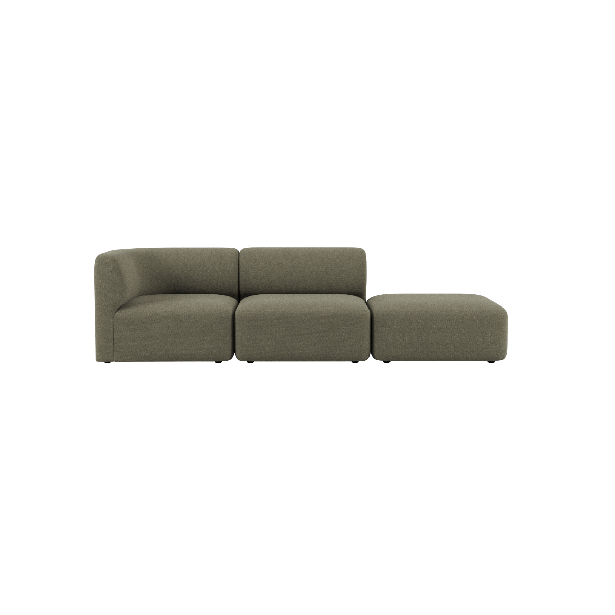 sackit Fjord sofa til to personer med åben ende i olivengrøn polstring vist på sort baggrund