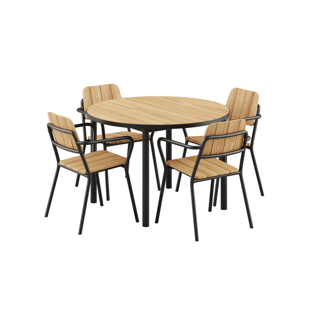 Rundt Kirra Dining Table Ø110 med fire Kirra Patio Chairs i sort til udendørs brug.