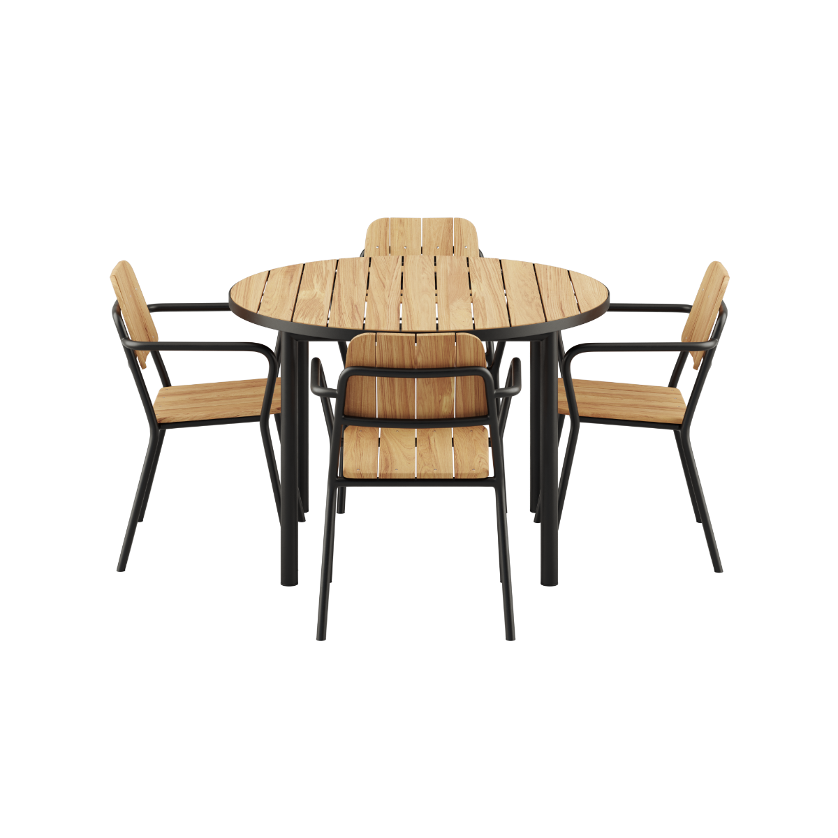 Rundt Kirra Dining Table Ø110 med keramisk bordplade og 4 sorte Kirra Patio stole i udendørsmiljø.