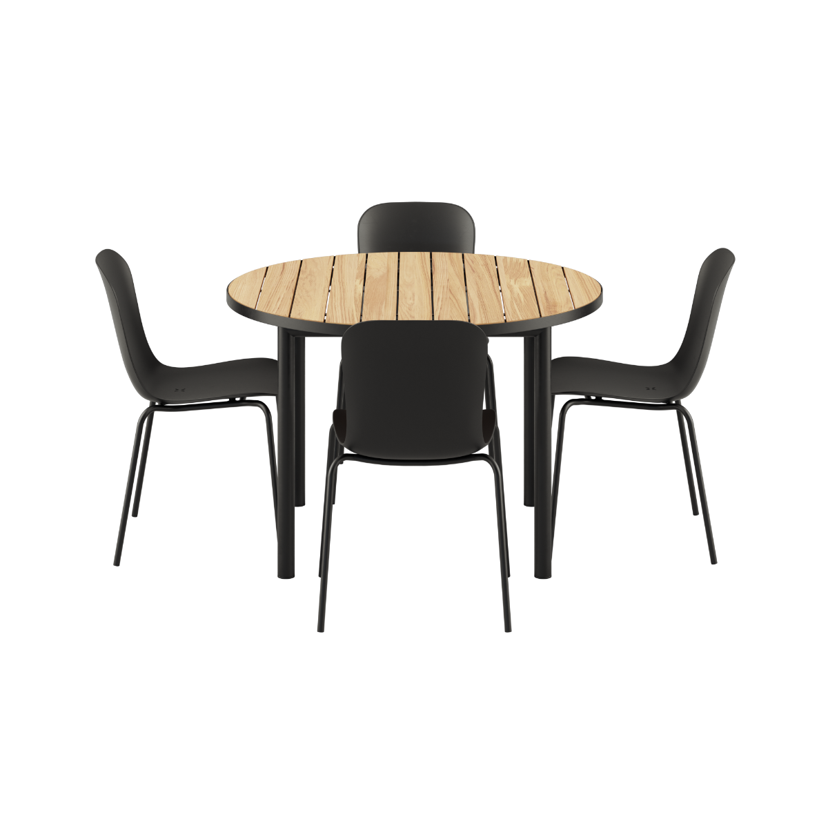 Rundt Kirra Dining Table Noir med fire Patio Chair no. One S2 stole i Olive og Noir farver.