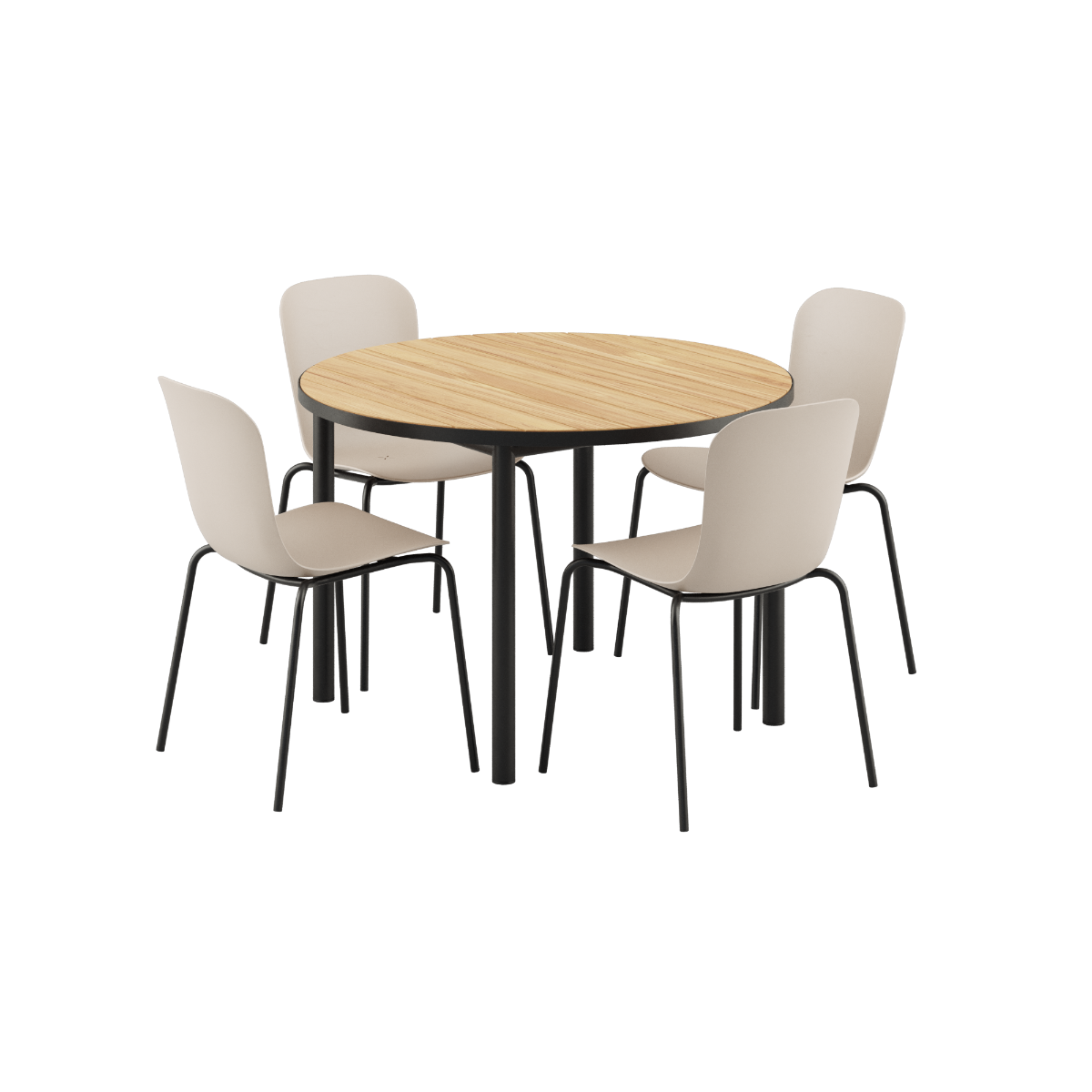 Rundt Kirra spisebord i sort med fire Patio Chair no. One S1 stole i taupe og sort udendørs.