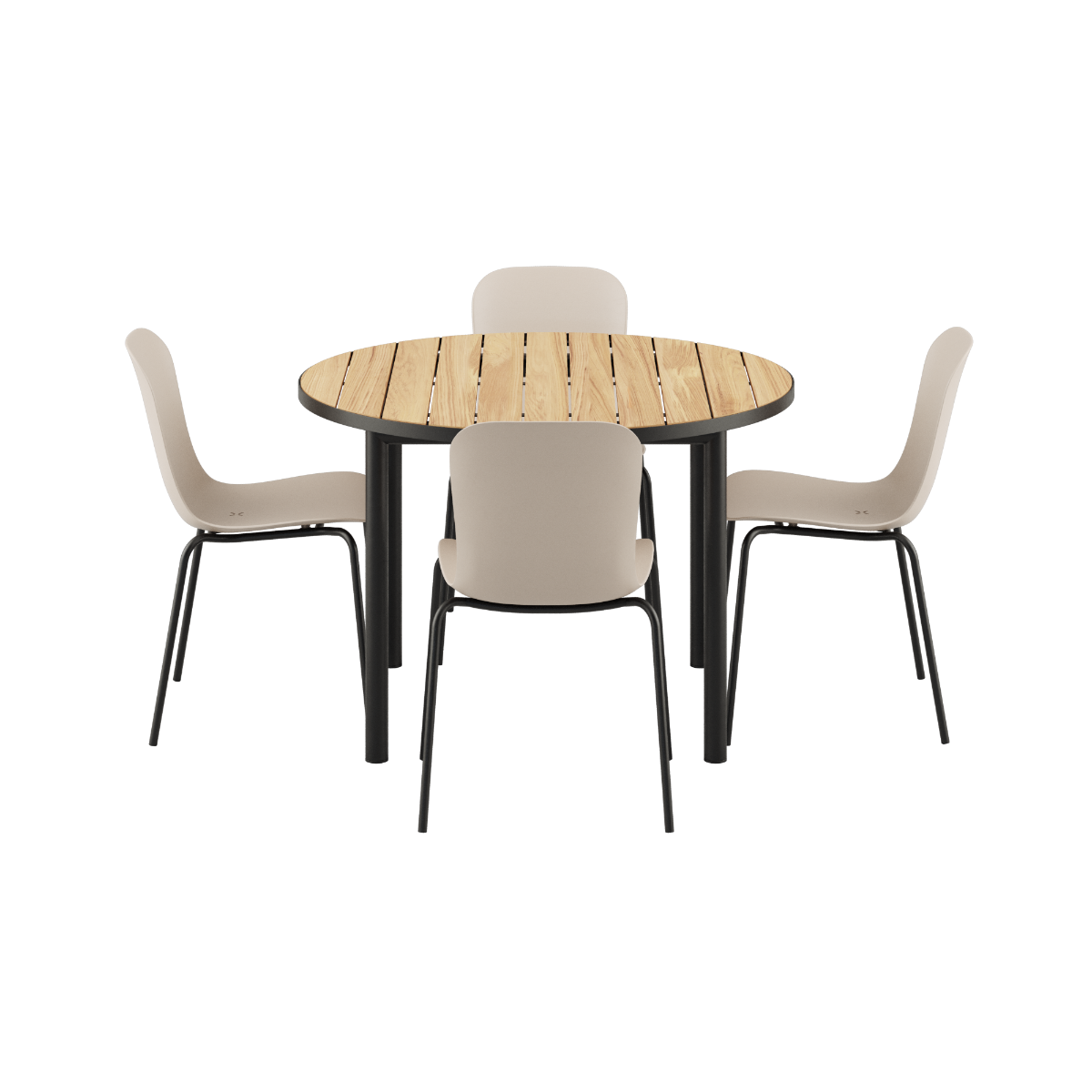 Rundt Kirra Dining Table Noir med 4 Patio Chair no. One S2 stole i olive og noir farver.