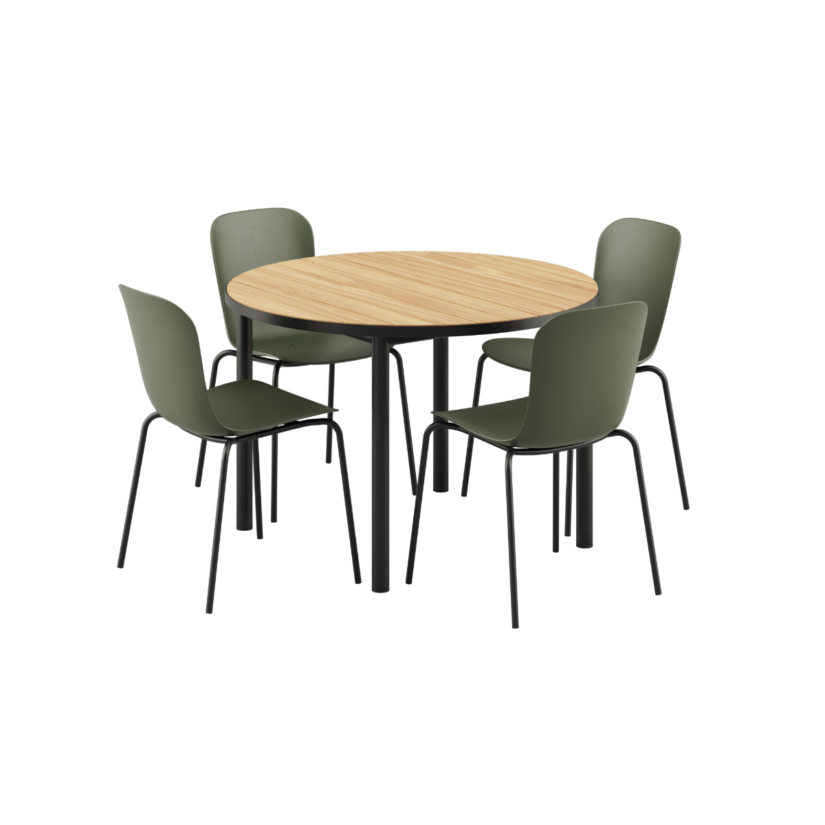Rundt Kirra Dining Table Noir med fire Patio Chair no. One S1 stole i olive og noir farver.