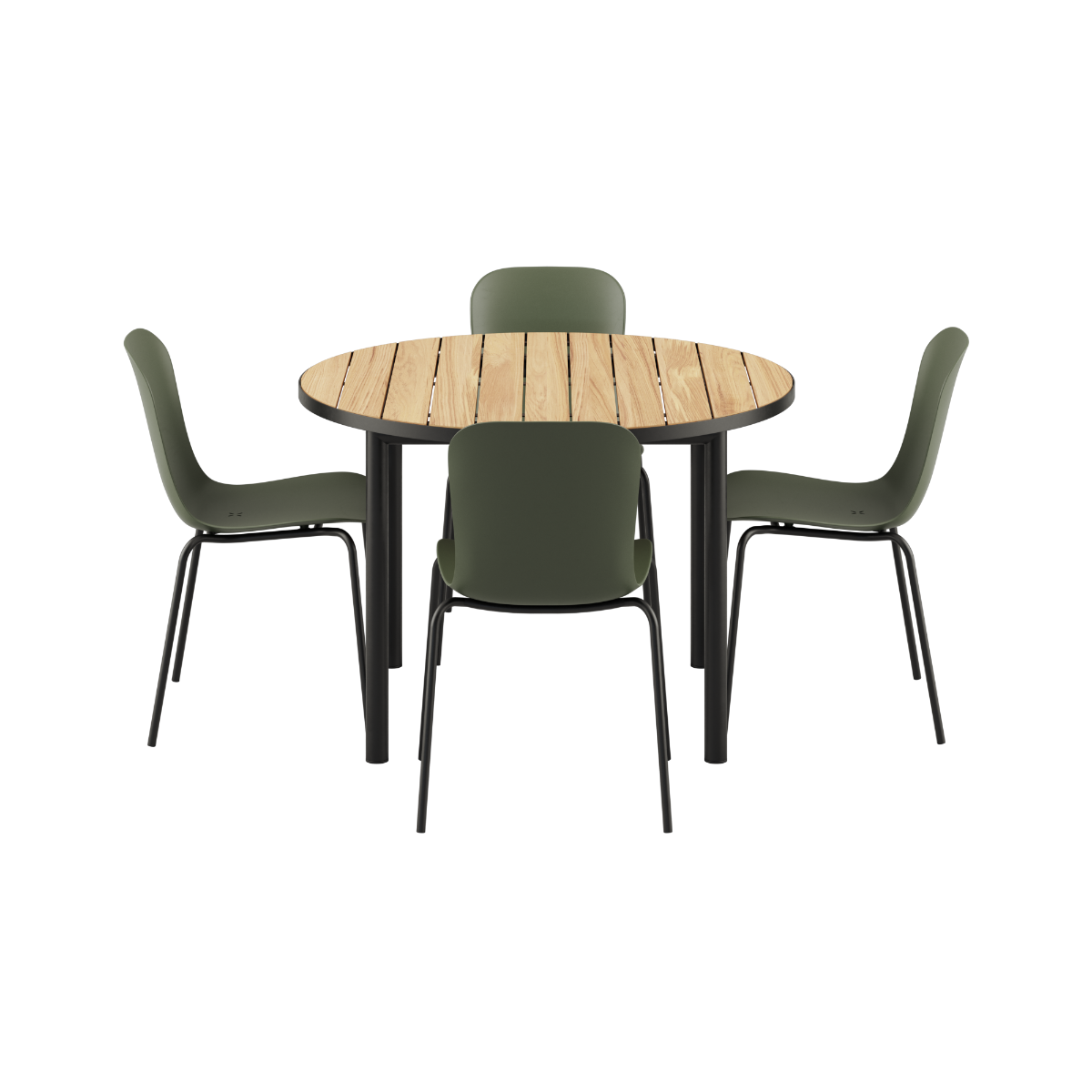Udendørs Kirra Dining Table Ø110 med keramisk bordplade og 4 Patio Chair no. One S2 stole i olive og noir