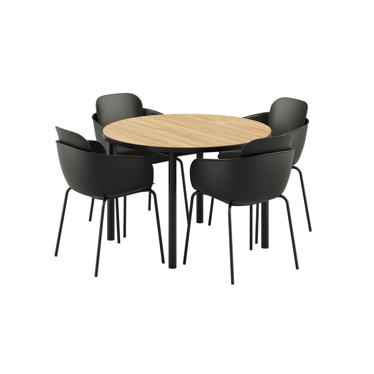 Rundt Kirra Dining Table Noir med fire sorte Patio Chair no. One S2 stole i udendørs miljø.