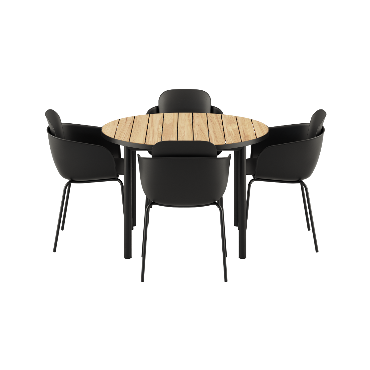 Rundt Kirra Dining Table Noir med fire Olive/Noir Patio Chair no. One S2 stole i udendørs miljø.
