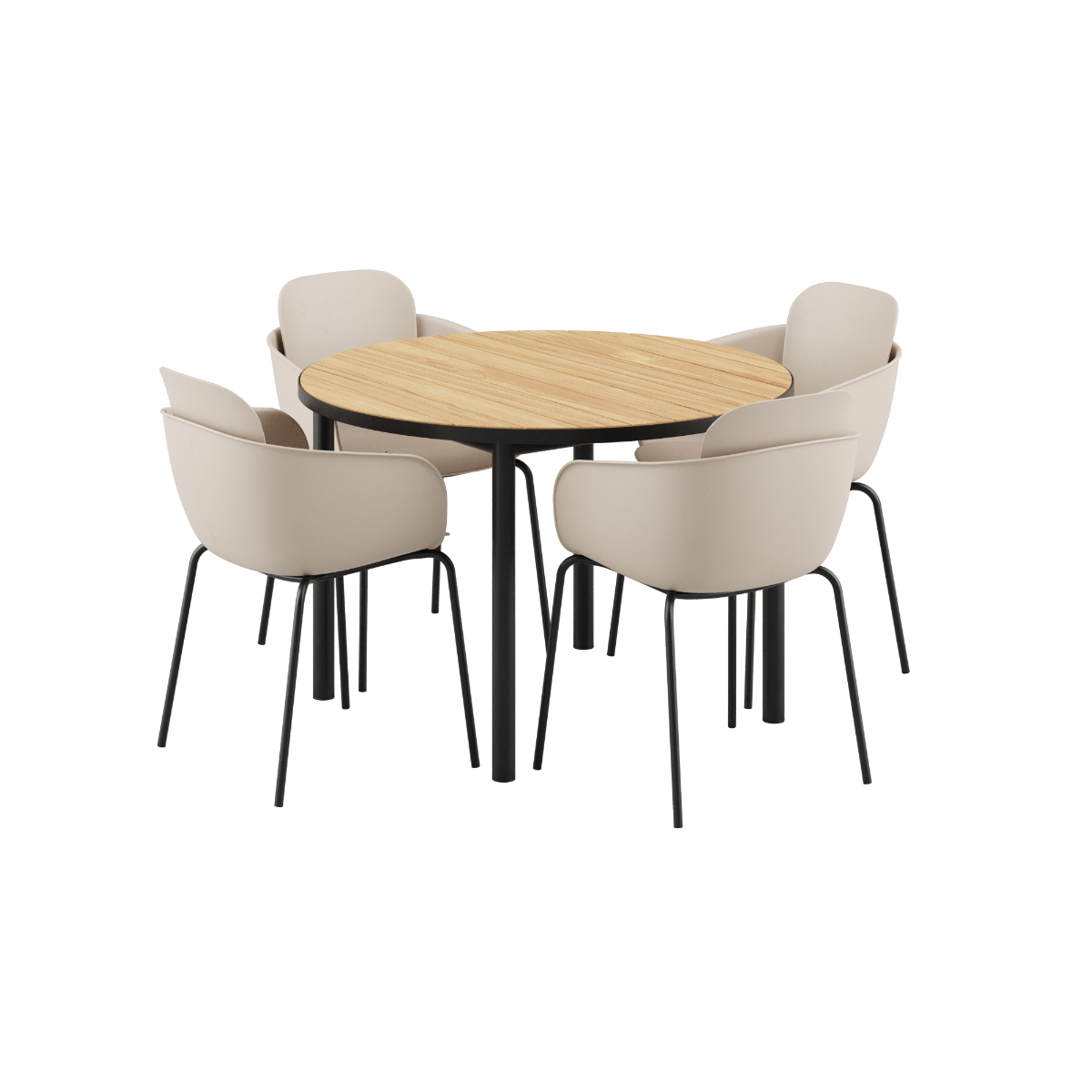 Rundt Kirra Dining Table Noir med fire Taupe/Noir Patio Chair no. One S2 stole i udendørsmiljø.