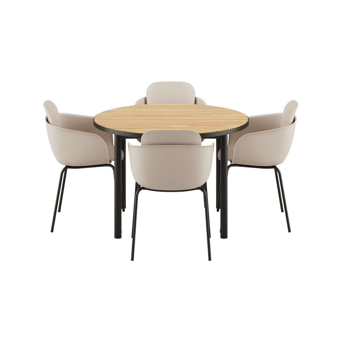 Rundt Kirra Dining Table Noir med fire Patio Chair no. One S2 stole i olivengrøn og sort udendørs sæt