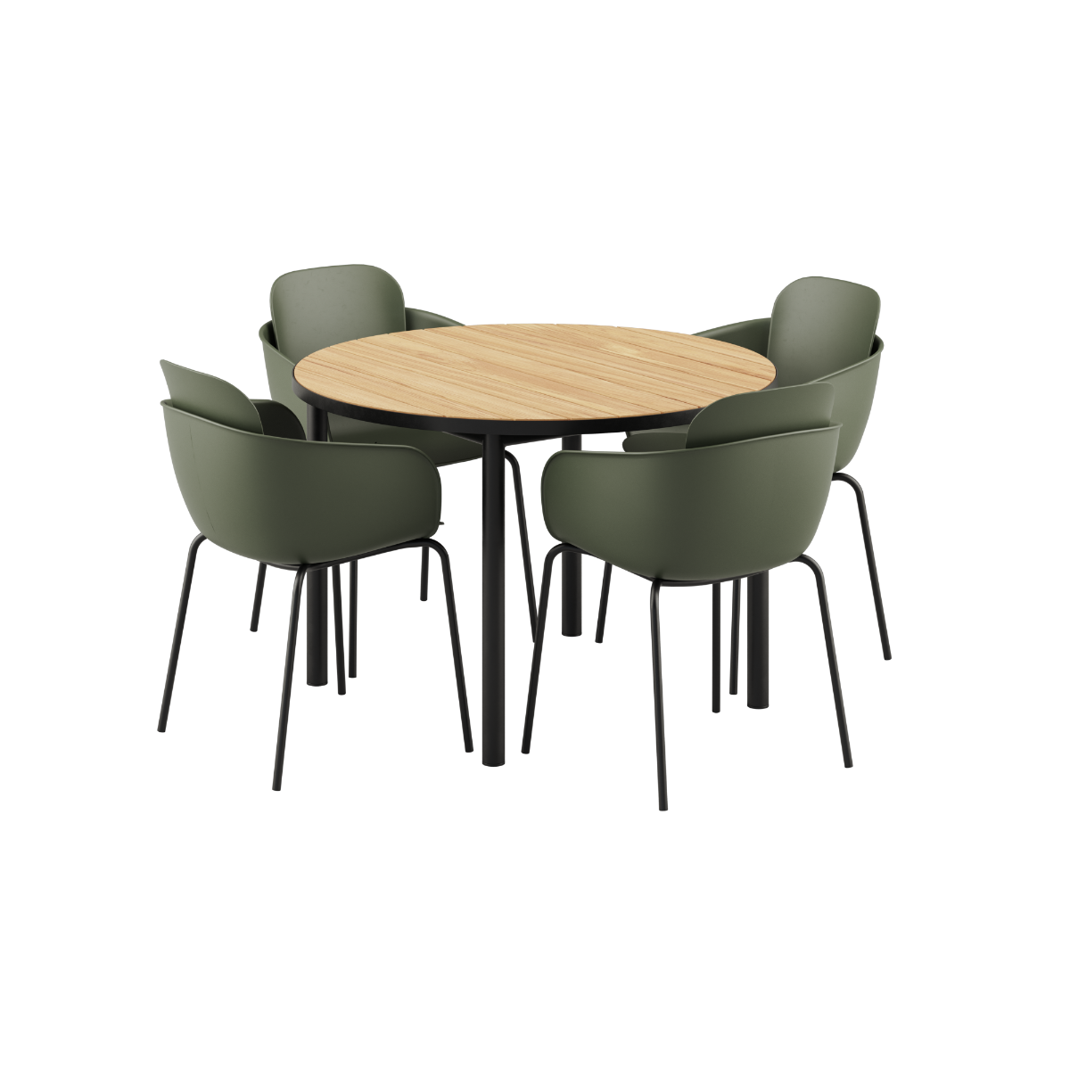 Rundt Kirra spisebord med teakbordplade og fire Patio Chair no. One S2 stole i olive og noir farver.