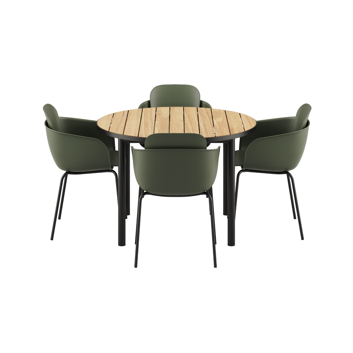 Rundt Kirra Dining Table Noir med fire Patio Chair no. One S2 stole i olivengrøn og sort udendørs sæt