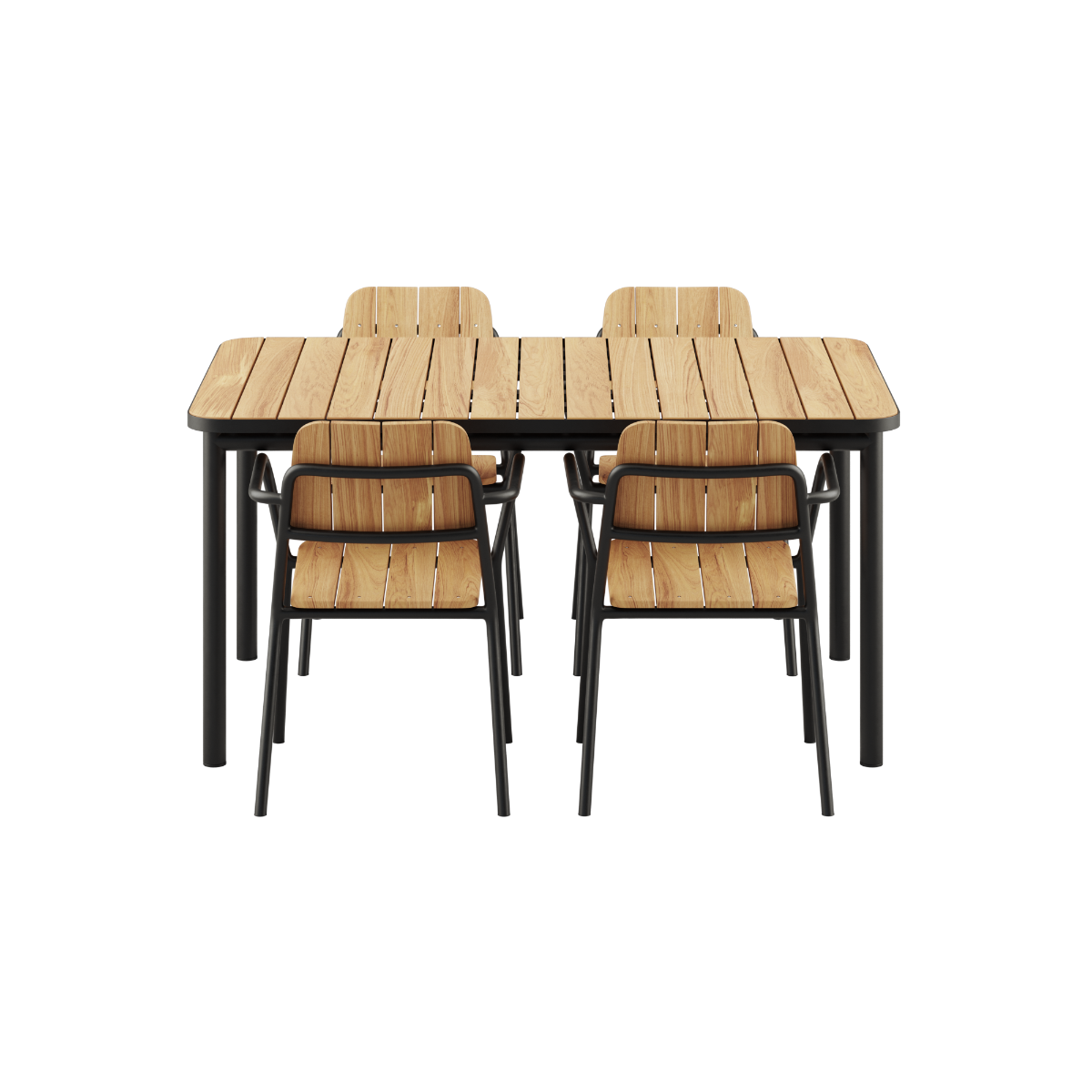 Kirra Dining Table 150x90 med keramisk bordplade og 4 Noir Patio Chair no. One S1 stole i Noir.