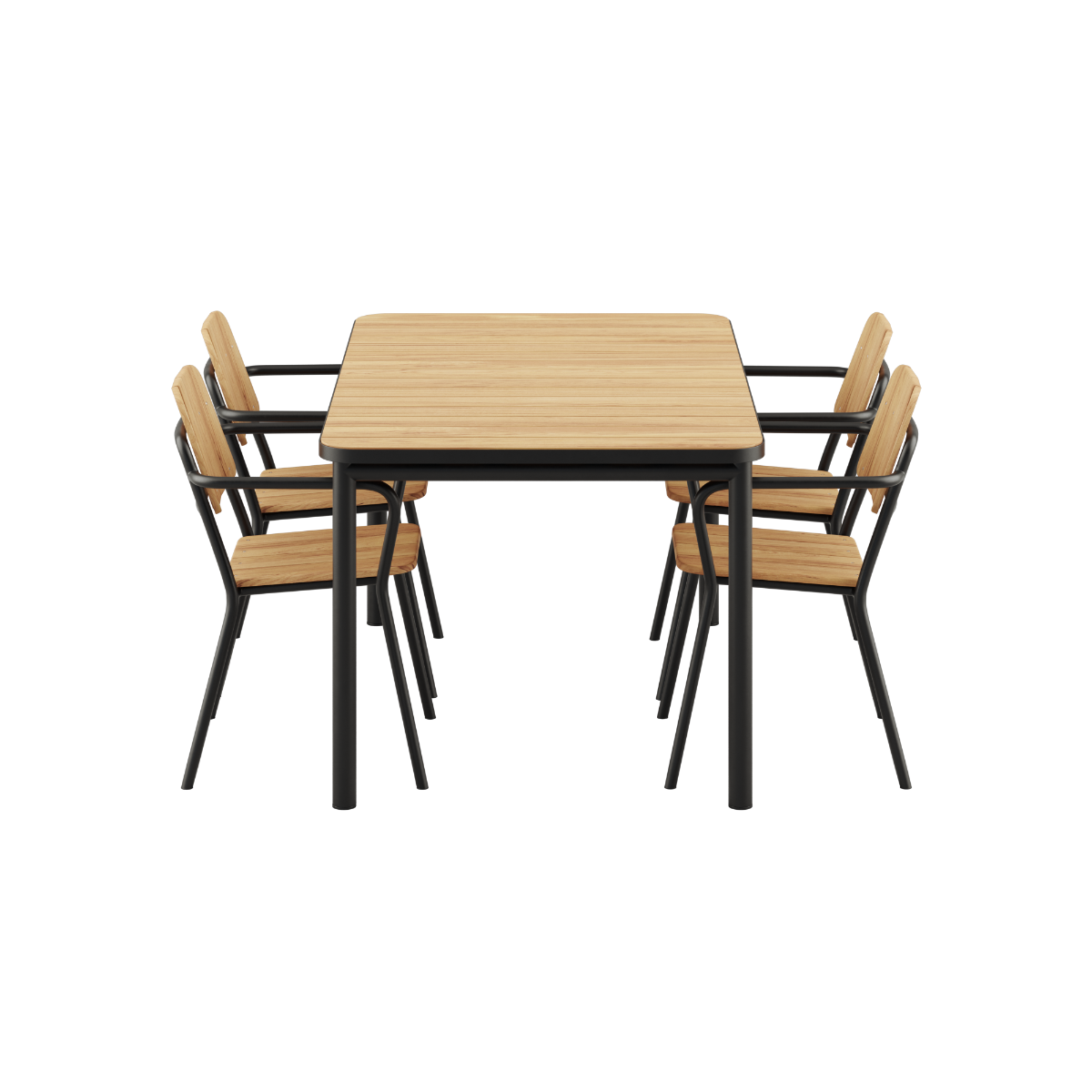 Udendørs Kirra Dining Table 150x90 med sort keramisk bordplade og fire sorte Patio Chair no. One S1 stole.