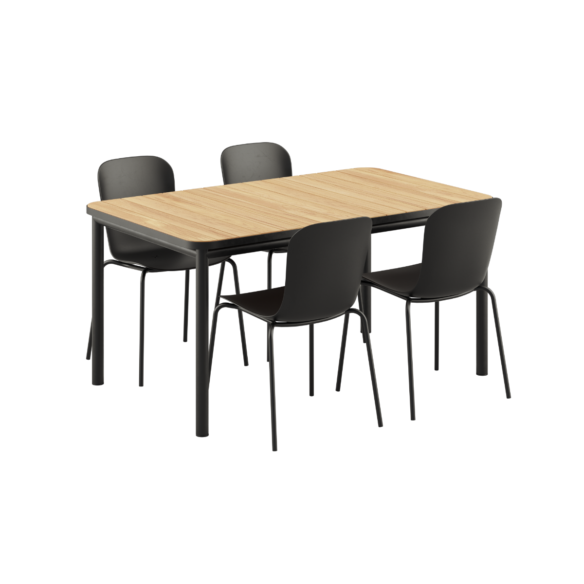 Udendørs Kirra Dining Table 150x90 med keramisk bordplade og 4 sorte Patio Chair no. One S1 stole.