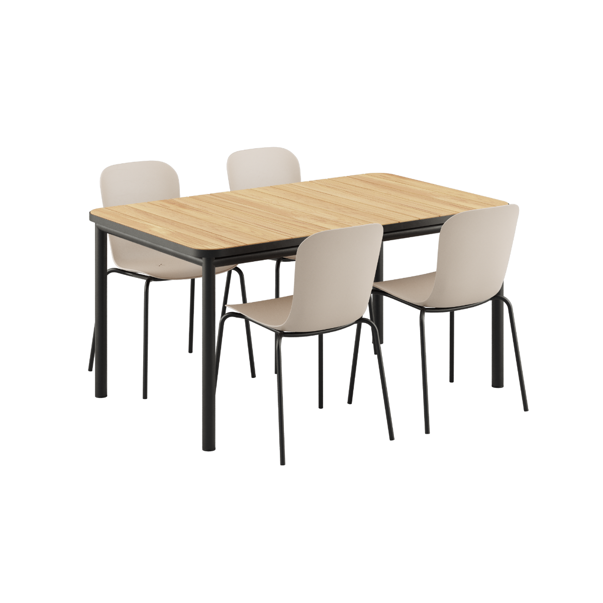 Udendørs Kirra Dining Table 150x90 med keramisk bordplade og 4 Patio Chair no. One S1 stole i taupe og noir