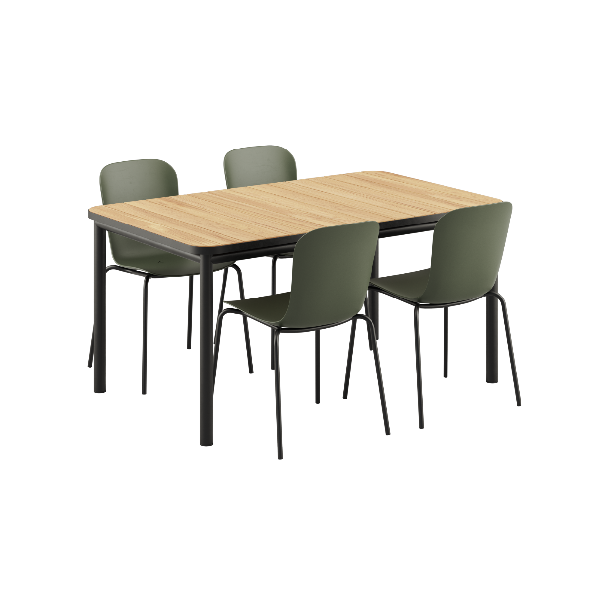 Udendørs Kirra spisebord 150x90 cm i teak med fire sorte Patio Chair no. One S1 stole i sort