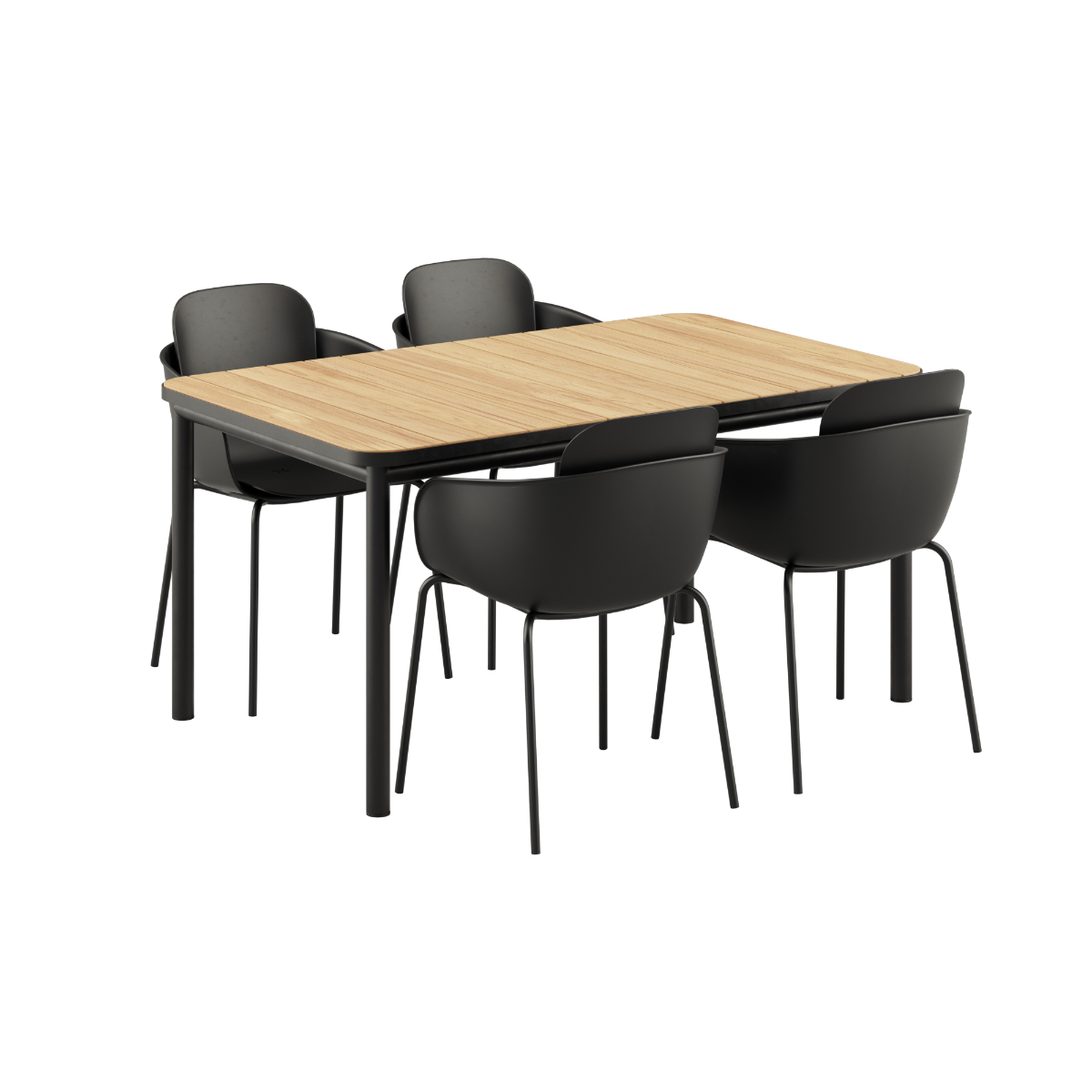 Noir Kirra Dining Table 150x90 with Noir Patio Chair no. One S1 chairs in matching Noir color.