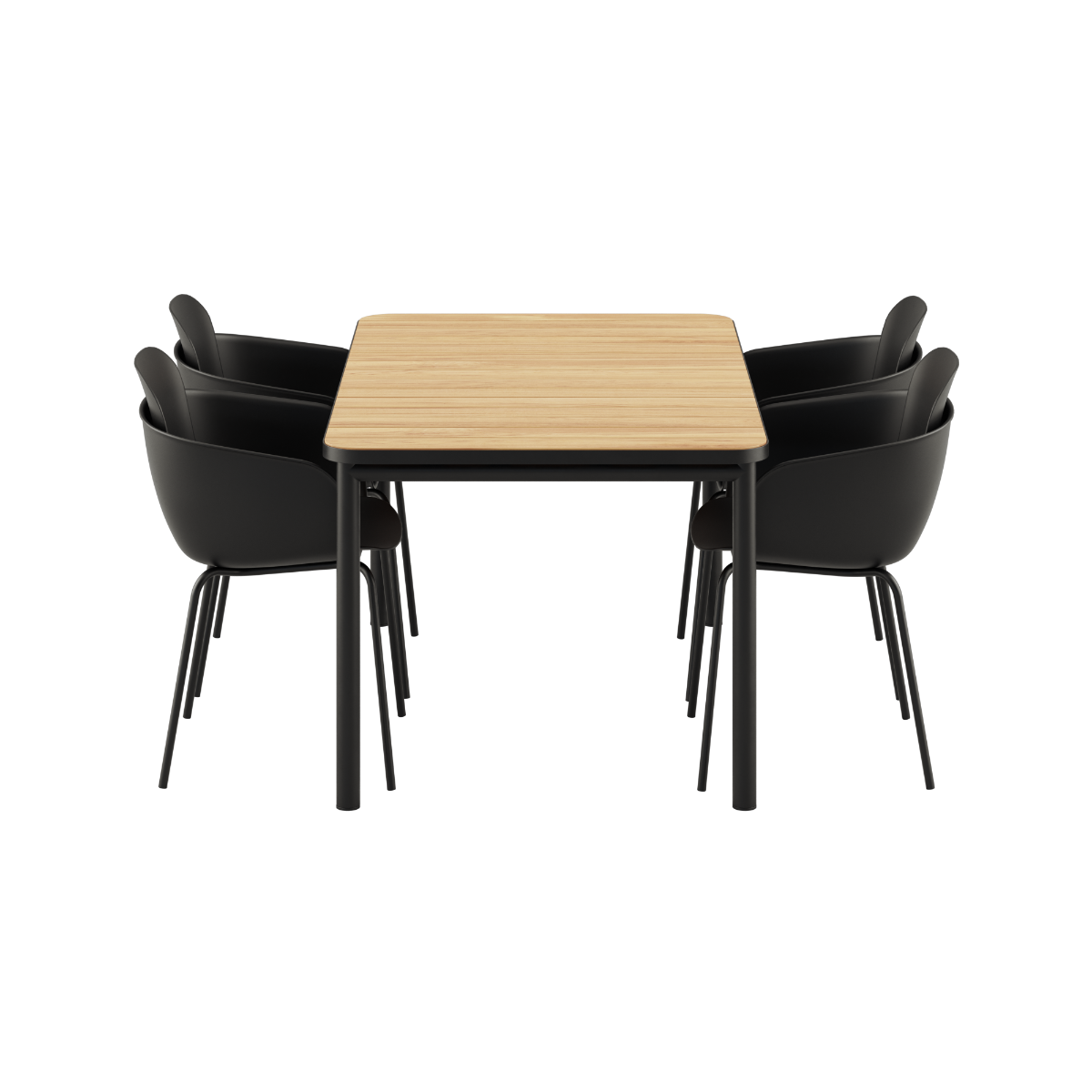 Udendørs Kirra Dining Table 150x90 med sort teakbordplade og fire sorte Patio Chair no. One S1 stole