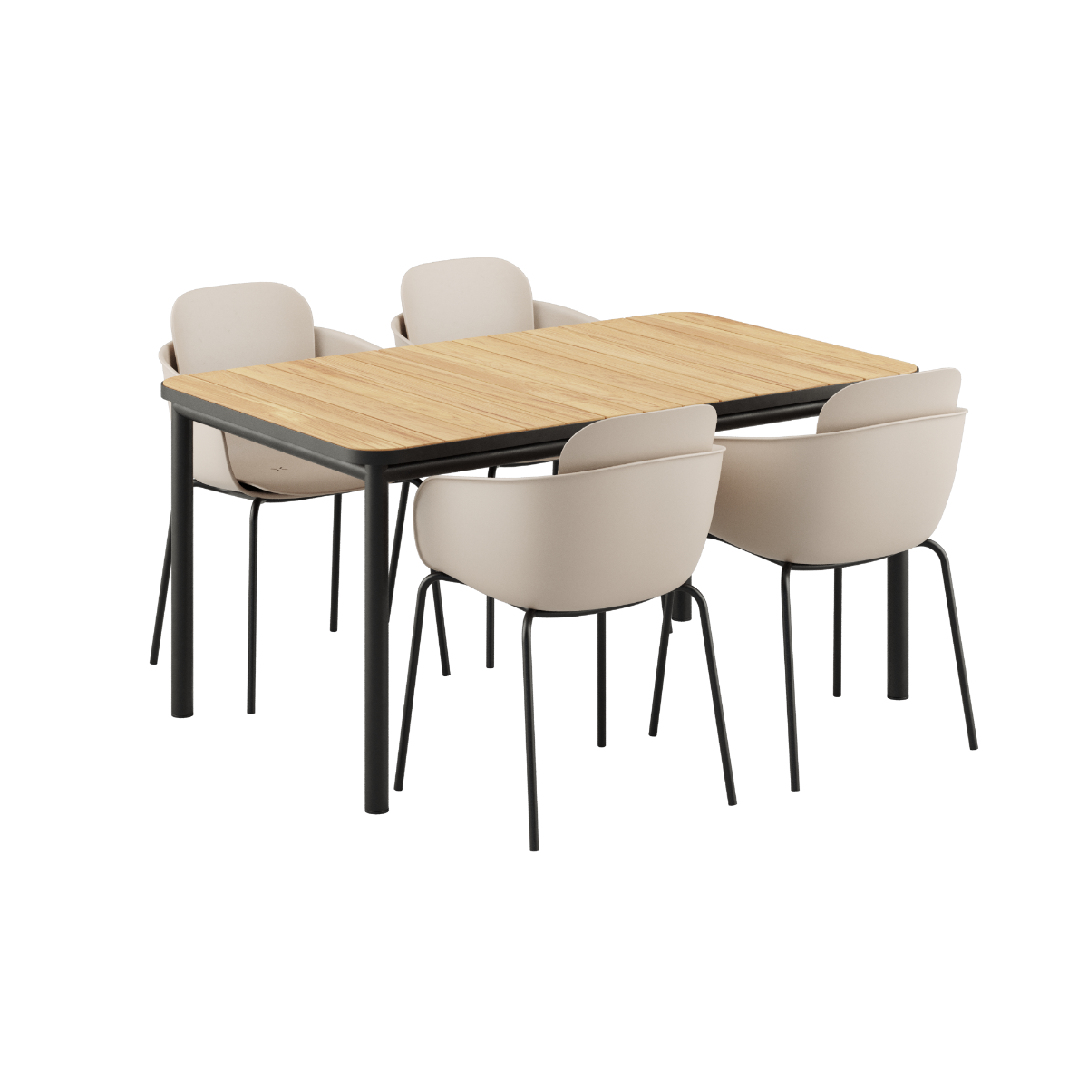 Udendørs Kirra Dining Table 150x90 med sort keramisk bordplade og fire sorte Patio Chair no. One S1 stole