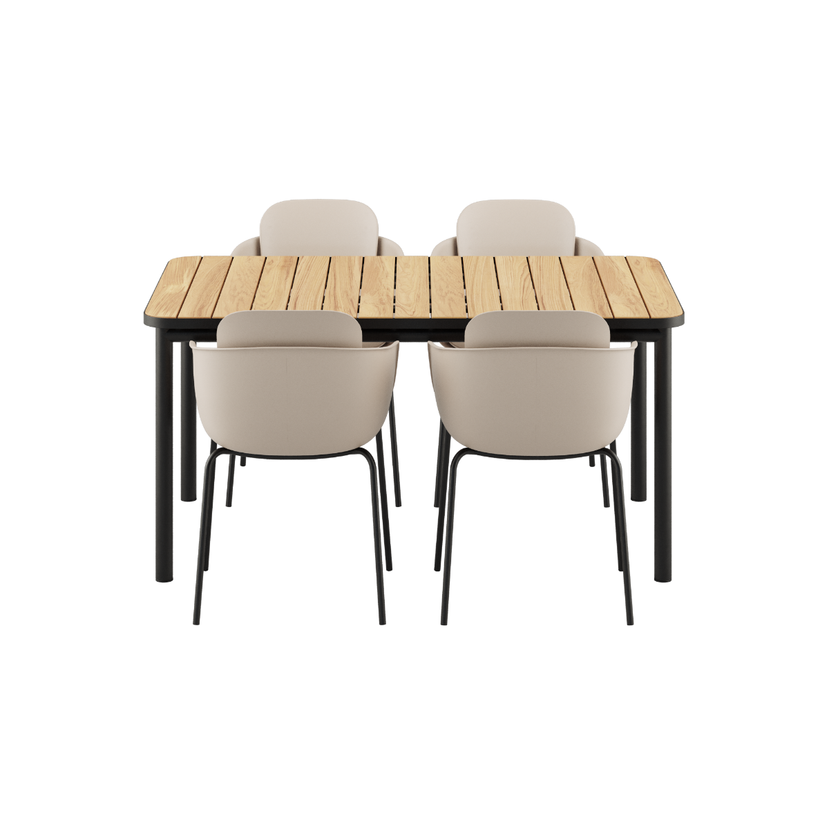 Udendørs Kirra Dining Table 150x90 med sort keramisk bordplade og fire sorte Patio Chair no. One S1 stole