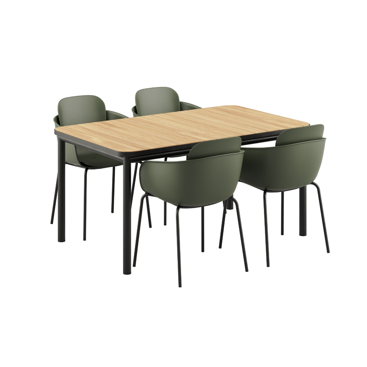 Udendørs Kirra Dining Table 150x90 med sort bordplade og fire sorte Patio Chair no. One S1 stole