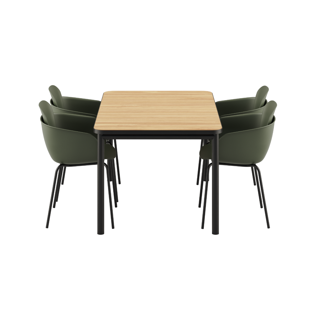 Udendørs Kirra Dining Table 150x90 med sort teakbordplade og fire sorte Patio Chair no. One S1 stole