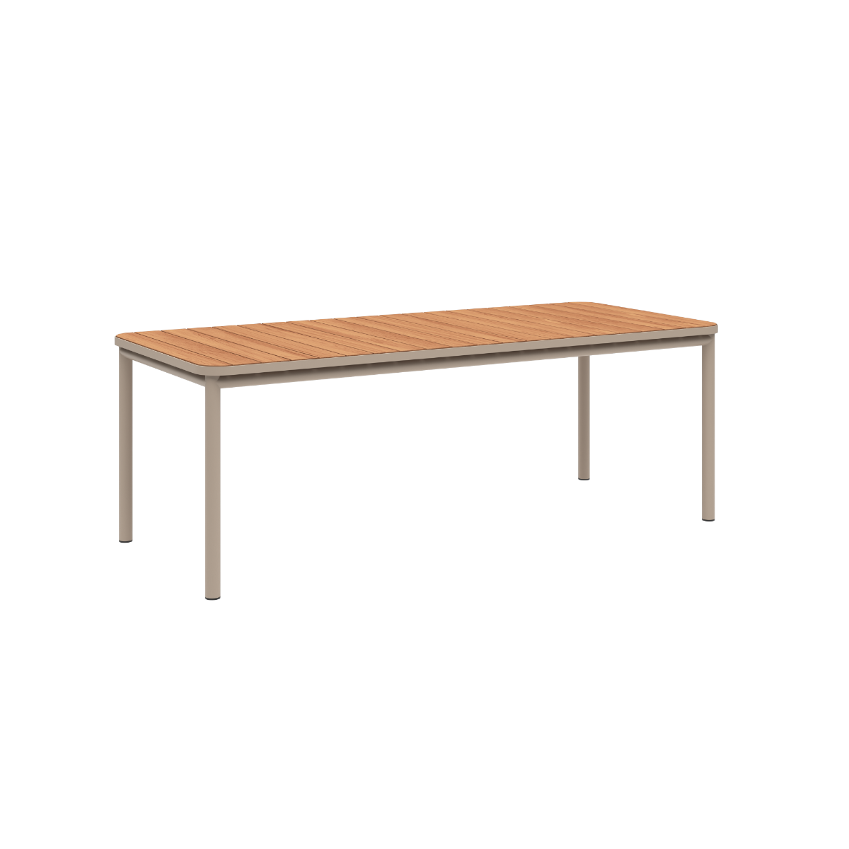 Udendørs Kirra Dining Table i taupe pulverlakeret aluminium med teaktræ bordplade, 210x90 cm.