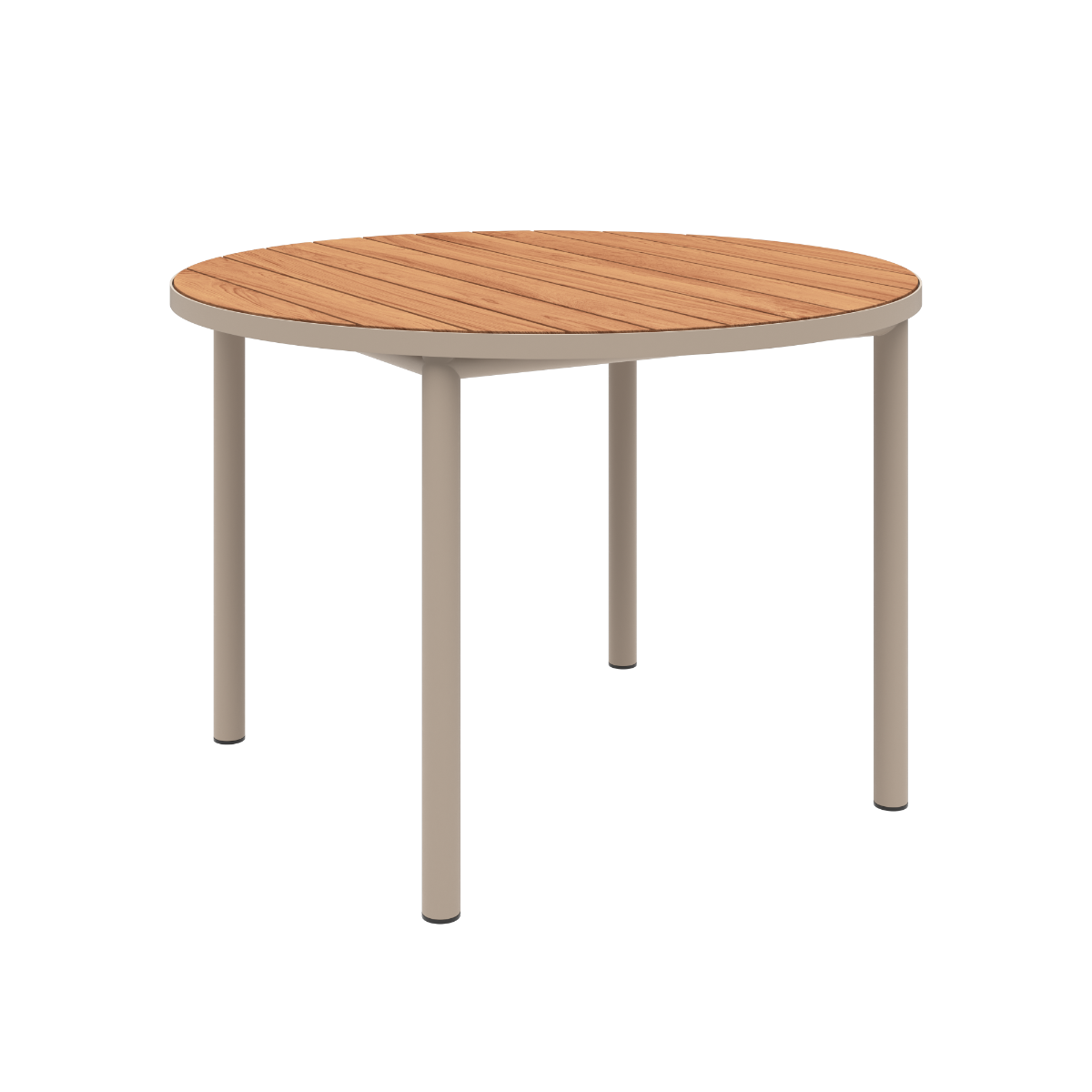 Udendørs Kirra Dining Table Ø110 i pulverlakeret aluminium og teaktræ i taupe farve.