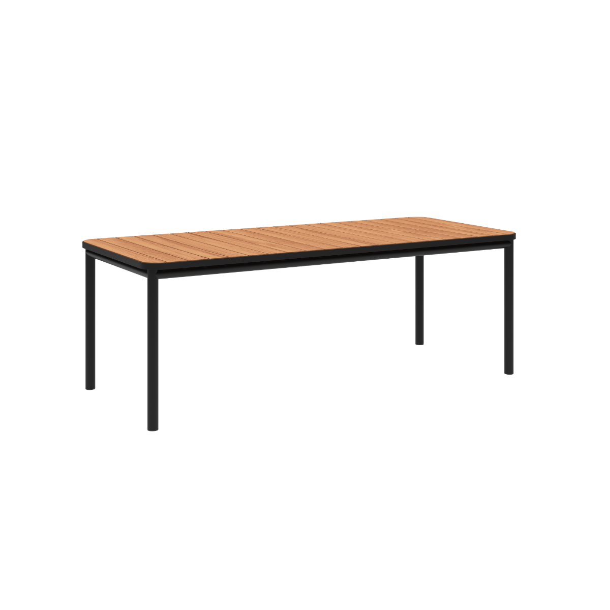 Udendørs Kirra Dining Table 210x90 i sort pulverlakeret aluminium og teaktræ, minimalistisk design.