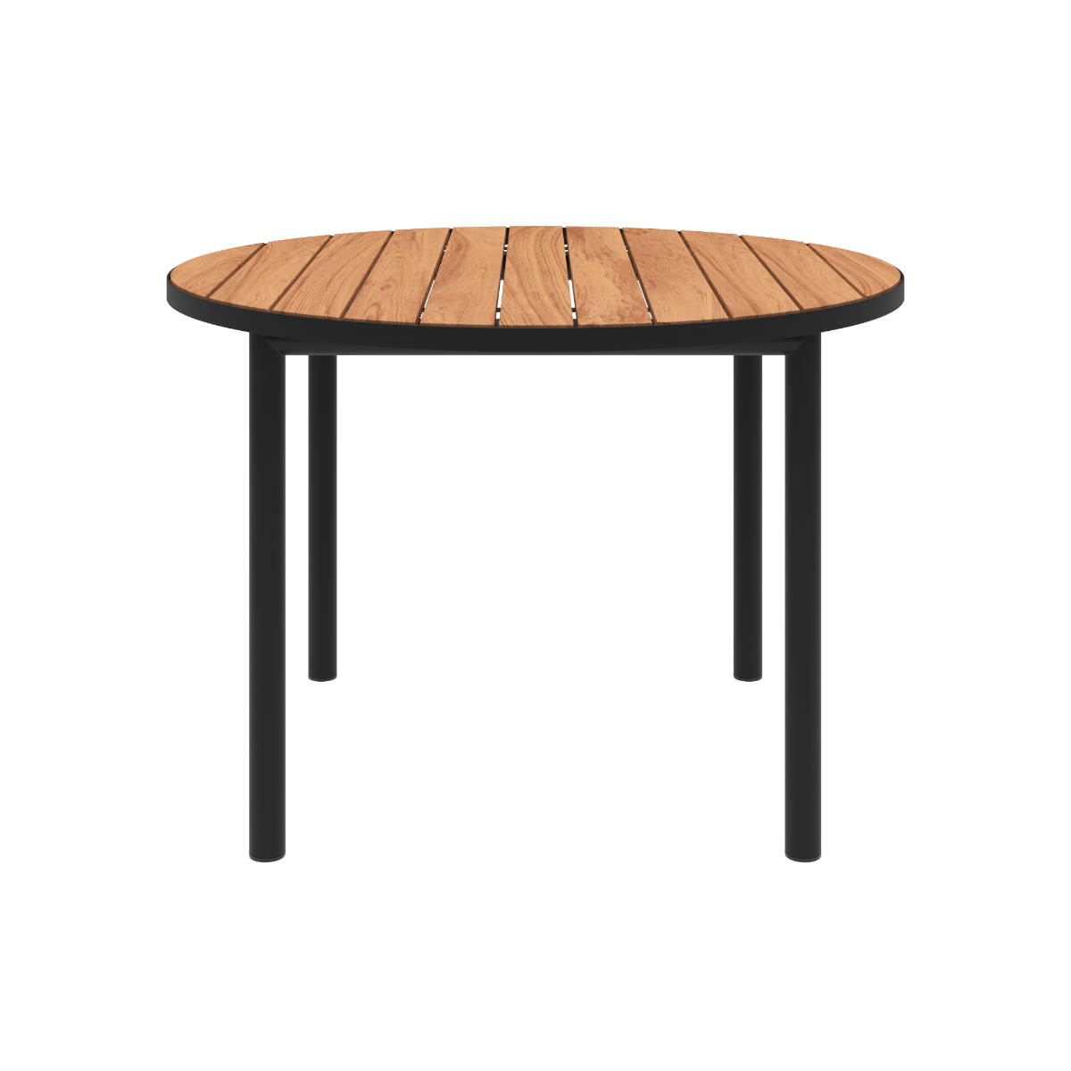 Udendørs Kirra Dining Table Ø110 i sort pulverlakeret aluminium og ubehandlet teaktræ.
