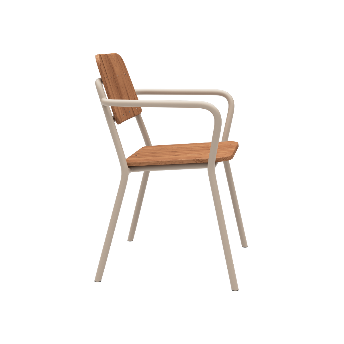 Taupe Kirra Patio Chair with powder-coated aluminum frame and untreated teak wood seat and backrest.