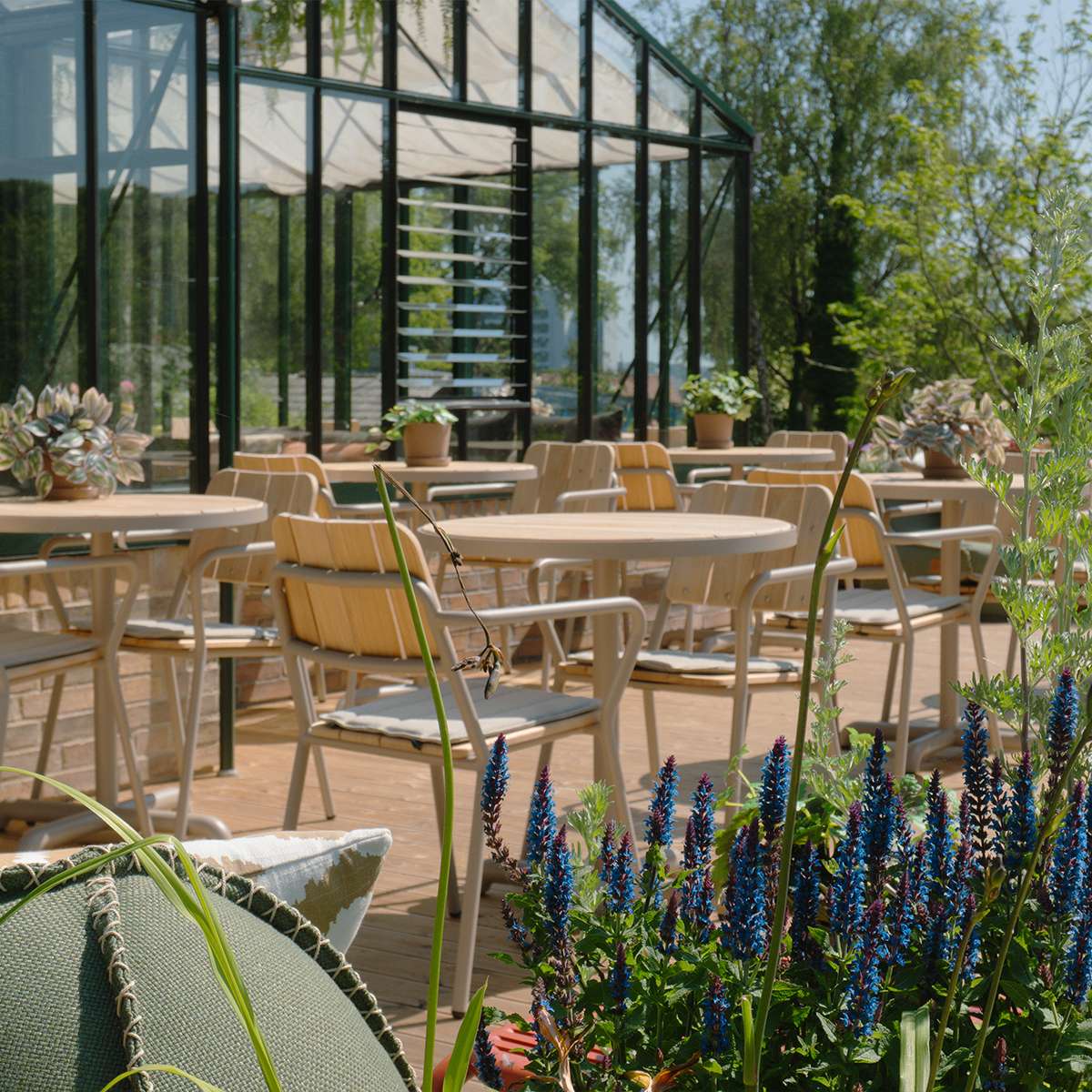 Kirra Patio Chair i taupe pulverlakeret aluminium med ubehandlet teaktræ, udendørs havestol.