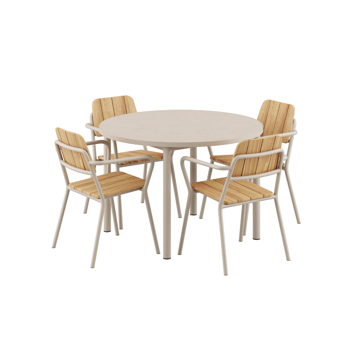 Udendørs Kirra spisebord med keramisk bordplade og fire taupe Kirra patio stole.