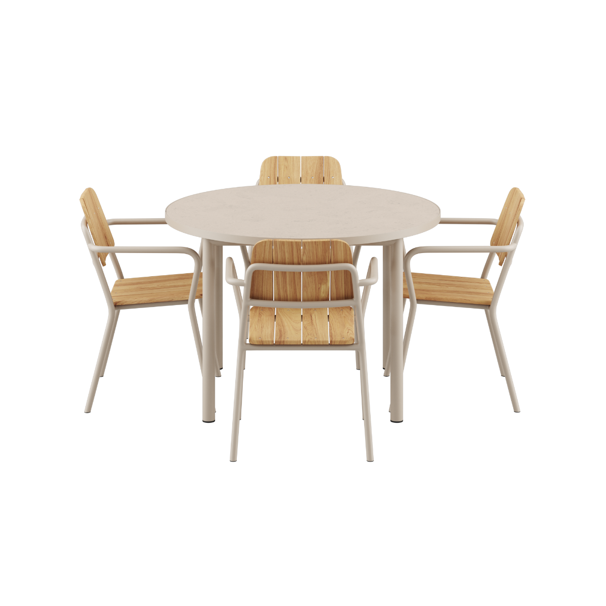 Udendørs Kirra spisebord med keramisk bordplade og fire Kirra terrasse stole i taupe farve