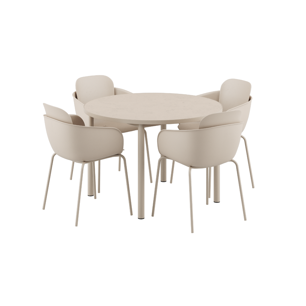 Rundt Kirra spisebord med keramisk bordplade og fire taupe Patio Chair no. One S2 stole i udendørsmiljø.