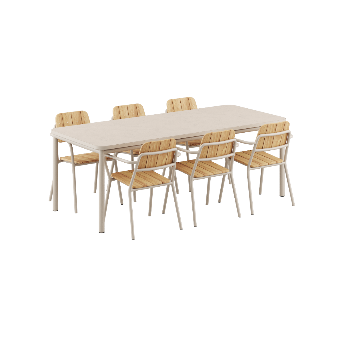 Udendørs Kirra spisebord med keramisk bordplade og seks matchende Kirra havestole i taupe farve.