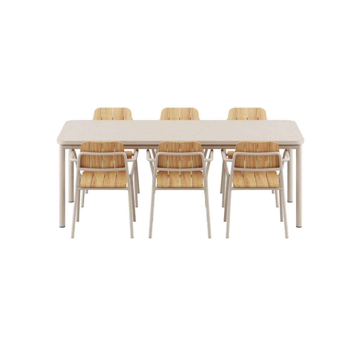 Udendørs Kirra spisebord med keramisk bordplade og 6 taupe Kirra havestole i moderne design.