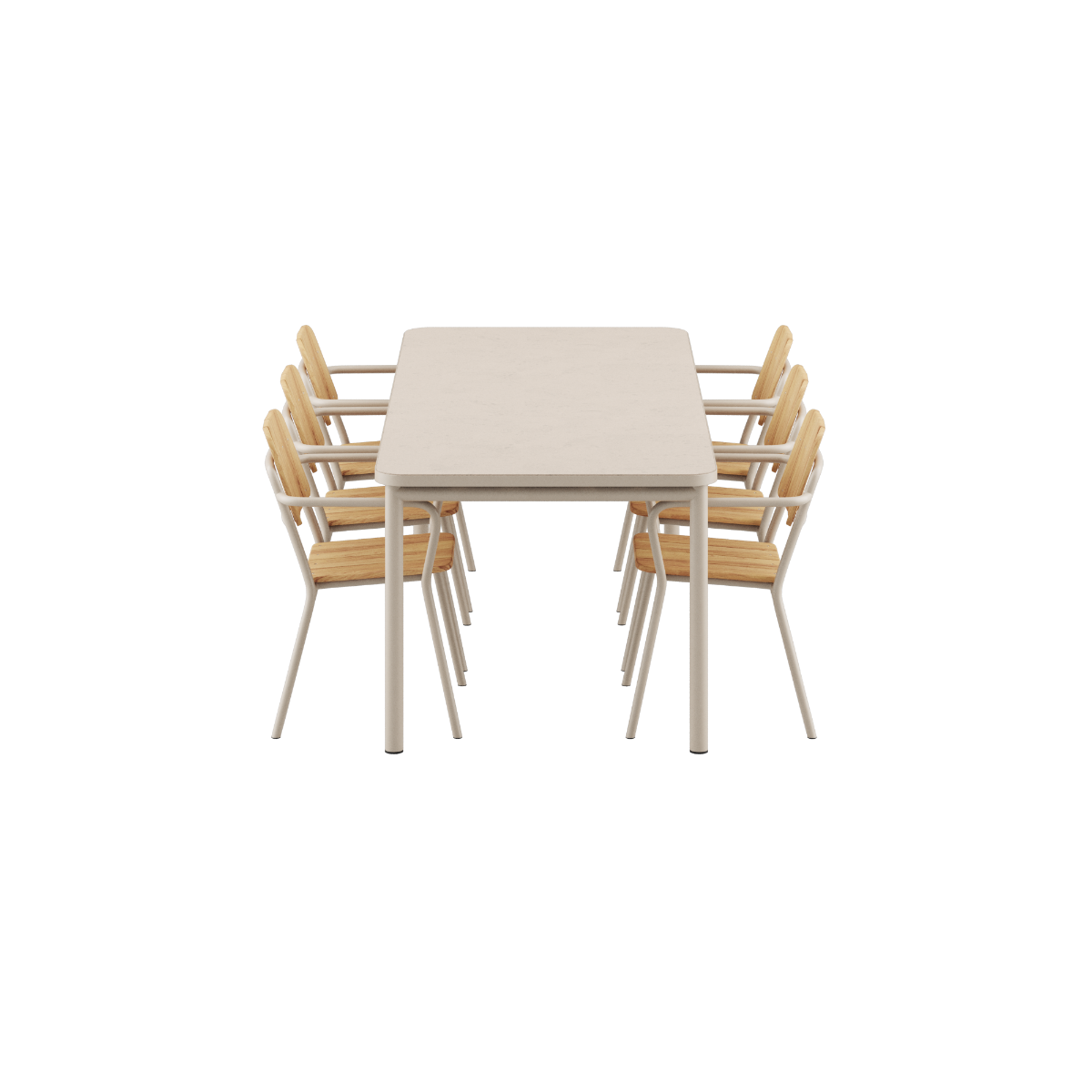 Udendørs Kirra spisebord med keramisk bordplade og 6 taupe Kirra havestole i moderne design
