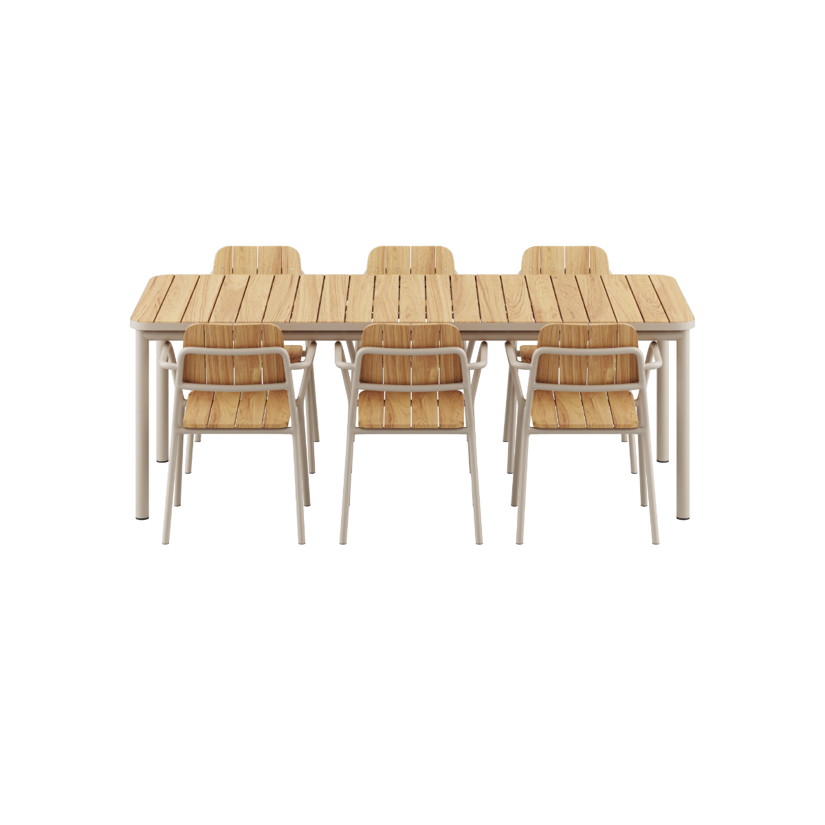 Kirra udendørs spisebord 210x90 cm med 6 taupe Kirra havestole i aluminium og teaktræ