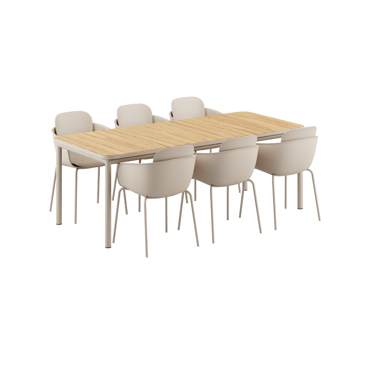 Kirra udendørs spisebord i taupe med 6 Patio Chair no. One S2 stole i taupe farve.